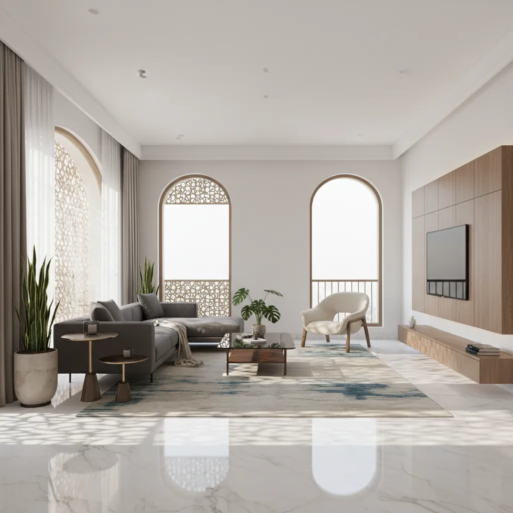 Photorealistic interior rendering showing natural sunlight simulation