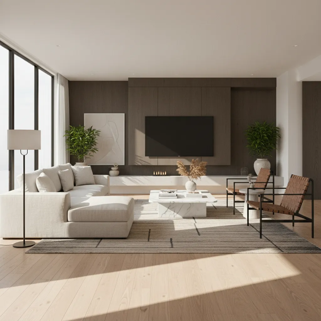 Photorealistic 3D rendering of a modern living room with natural lighting and realistic materials
