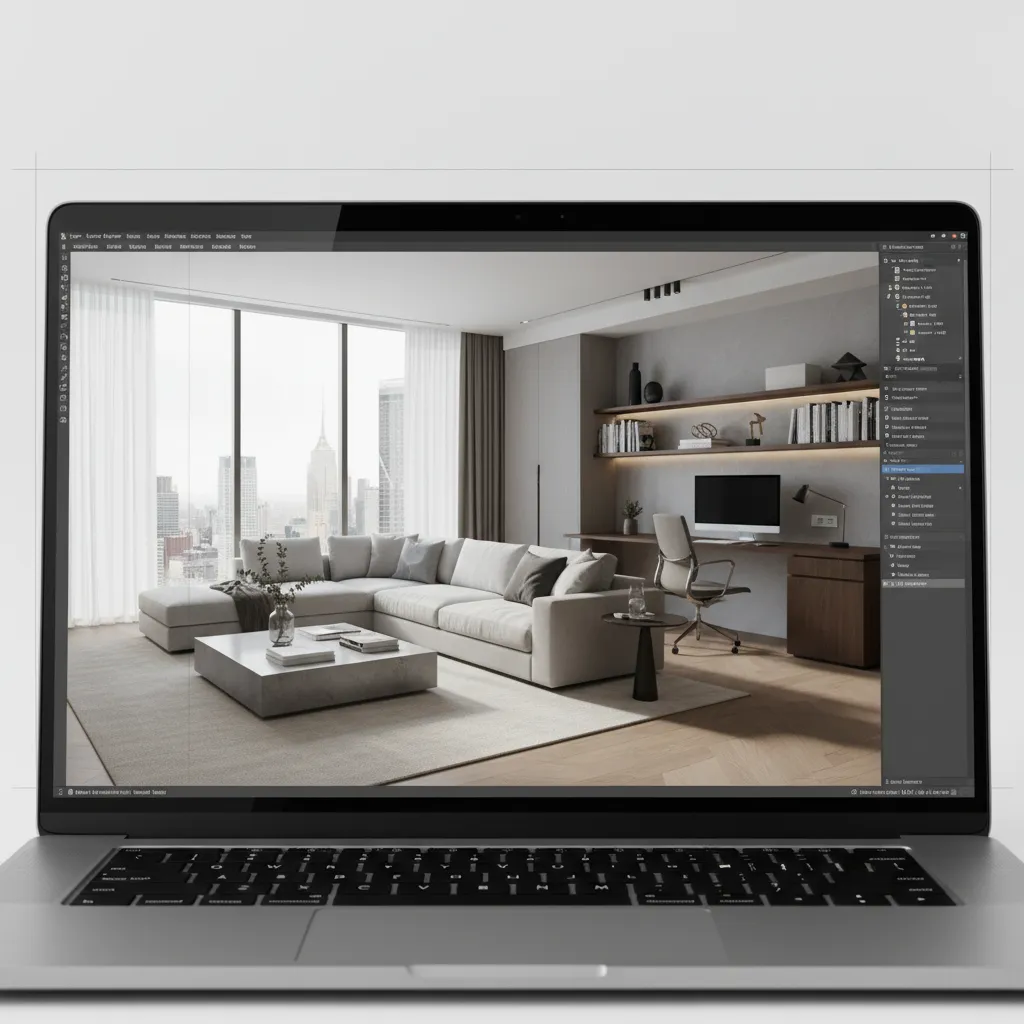 Laptop displaying photorealistic interior rendering of living room design project