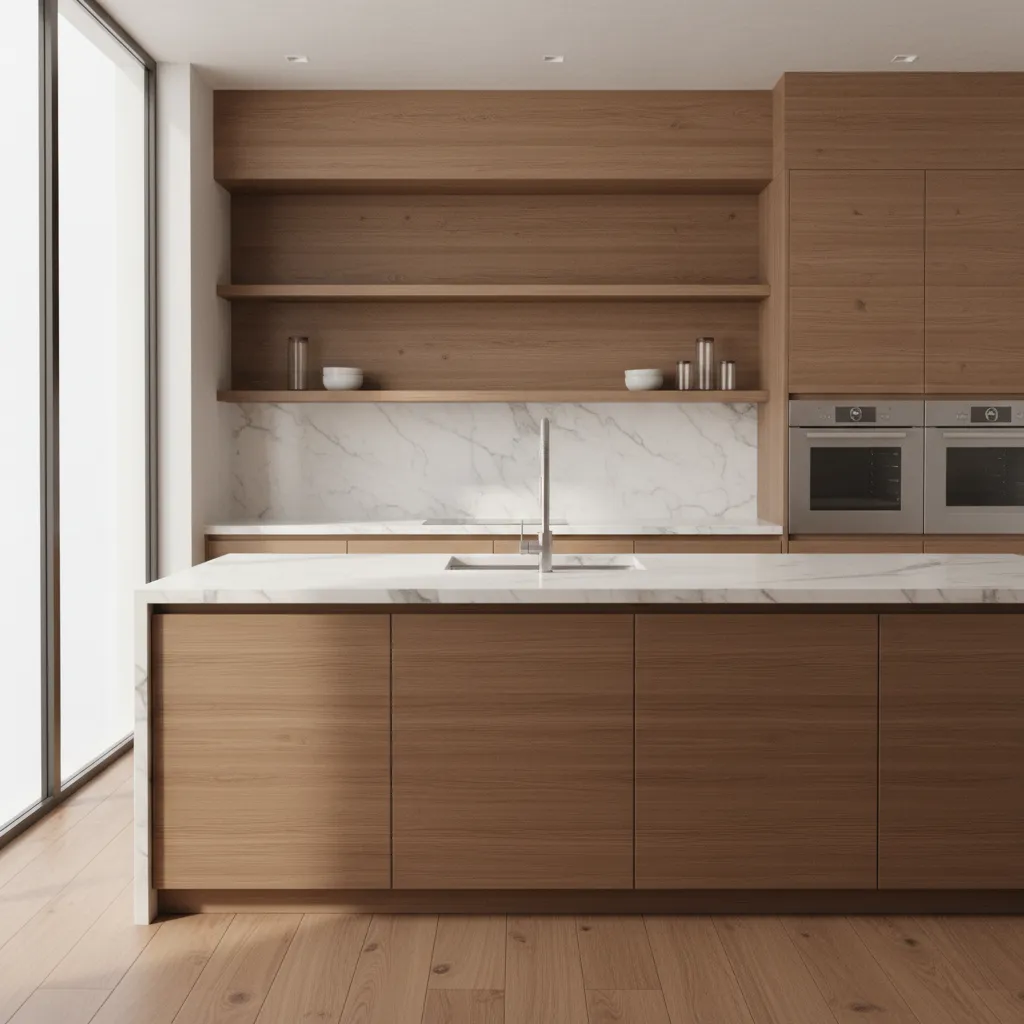 Modern kitchen with wood cabinets marble wall sink and two silver ovens in a bright room