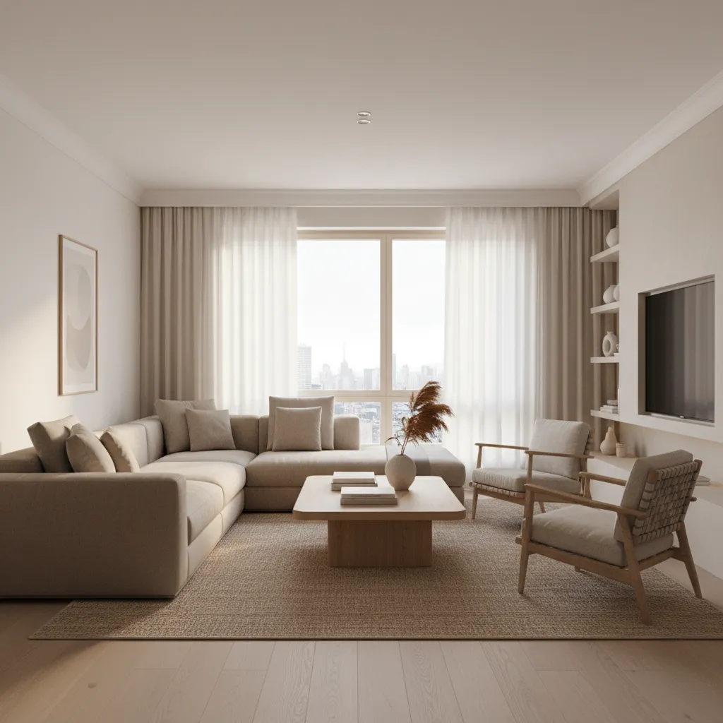 Photorealistic modern living room interior render with sofa lighting and decor