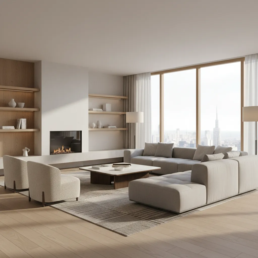 photorealistic modern living room interior 3D render with natural lighting