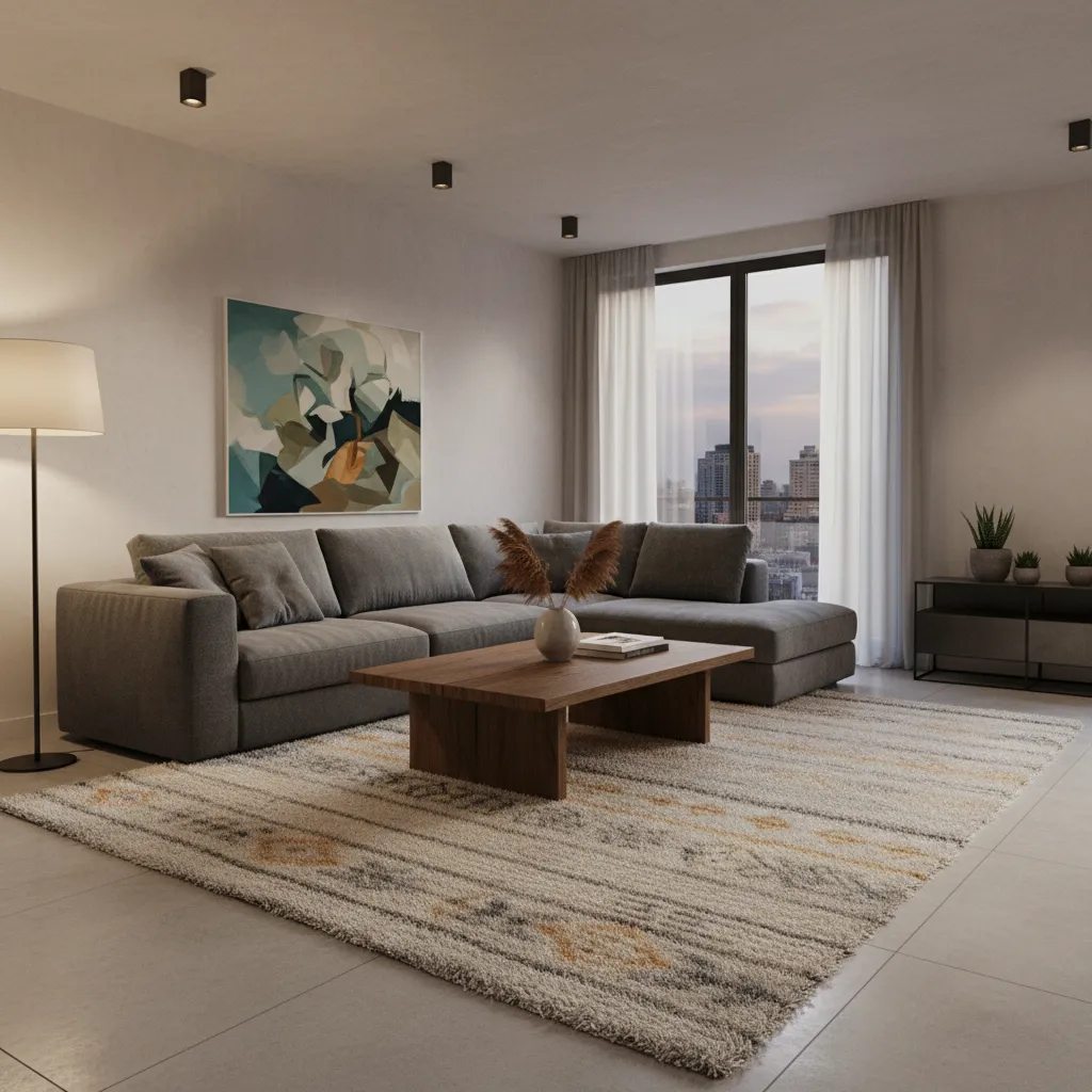 Render fotorealista de salón con sofá moderno