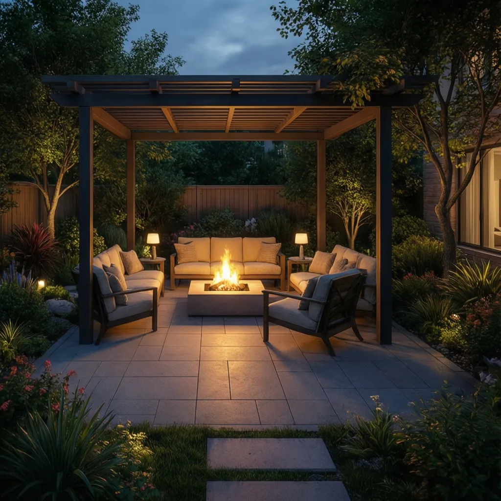 photorealistic rendering of backyard patio with fire pit seating and outdoor lighting