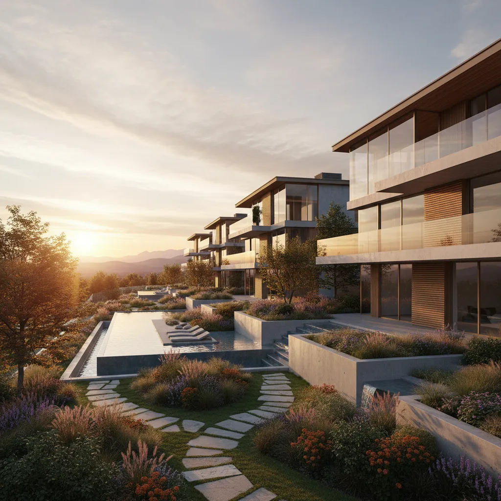 Photorealistic exterior rendering of modern residential development