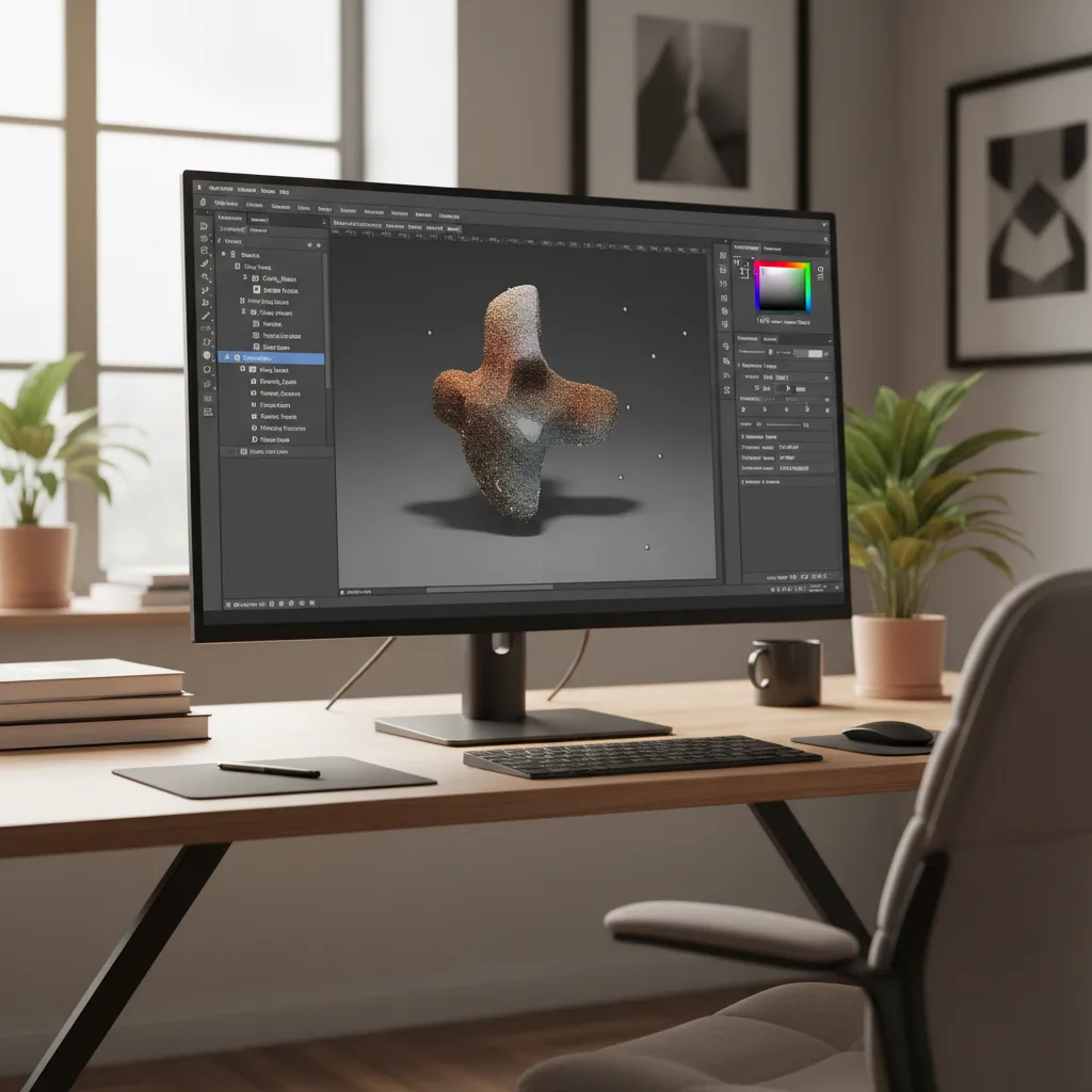 Photoshop 3D panel showing meshes materials lights and camera