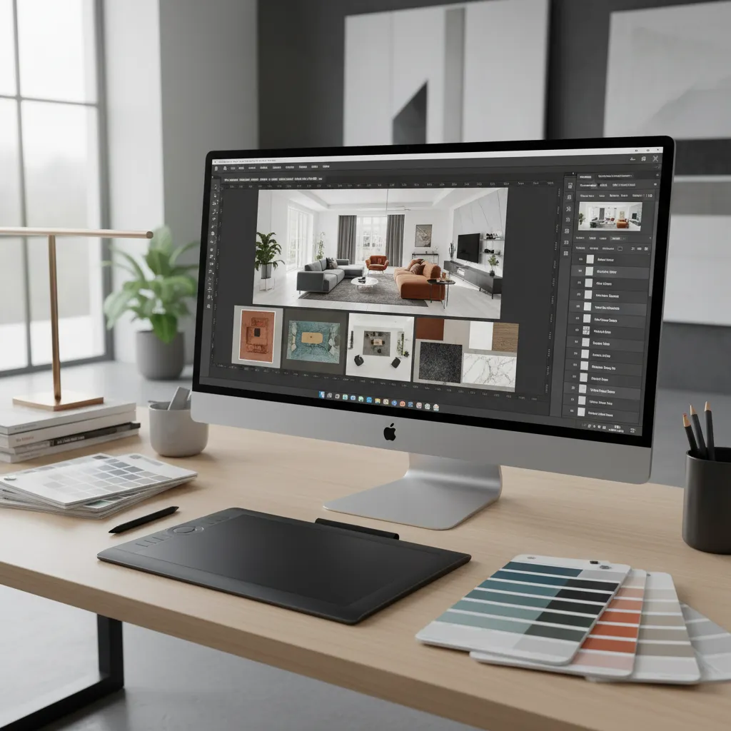 interior designer building a room concept layout inside Photoshop