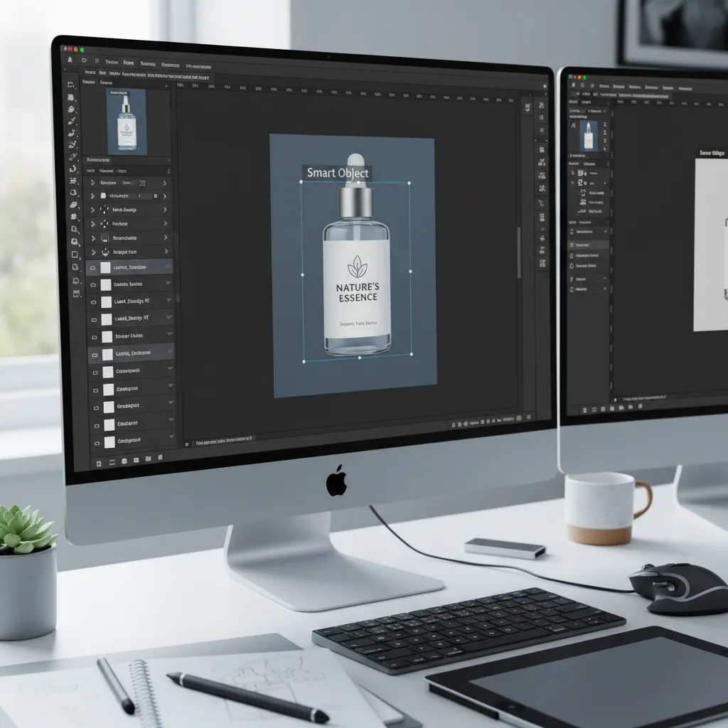 designer editing product label using smart objects in Photoshop mockup