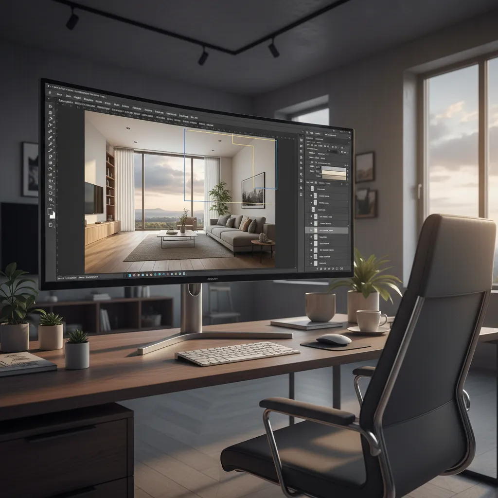 Designer adjusting lighting and color of a 3D render inside Photoshop