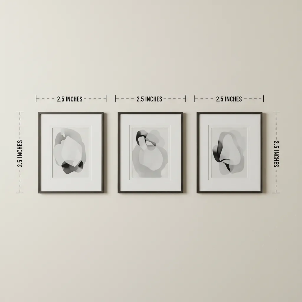 Three wall frames on beige wall showing spacing measurements of two point five inches guide