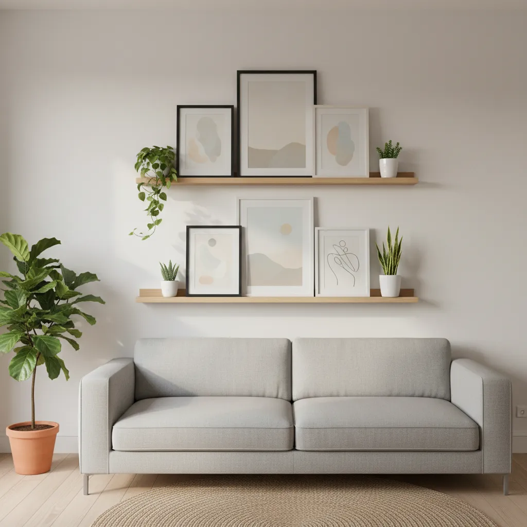 picture ledge shelves displaying layered framed artwork in living room