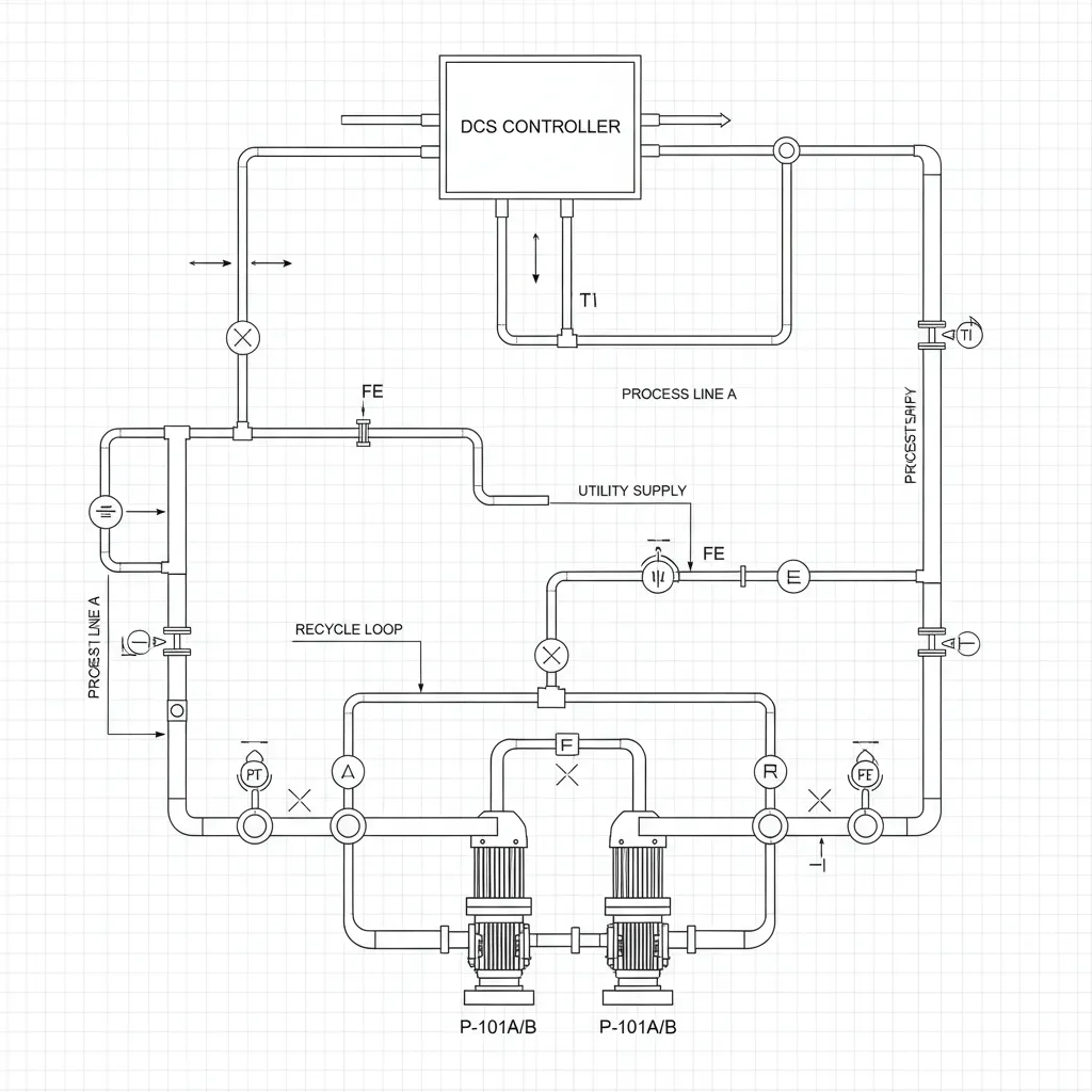 Piping and instrumentation diagram showing valves pumps and flow lines