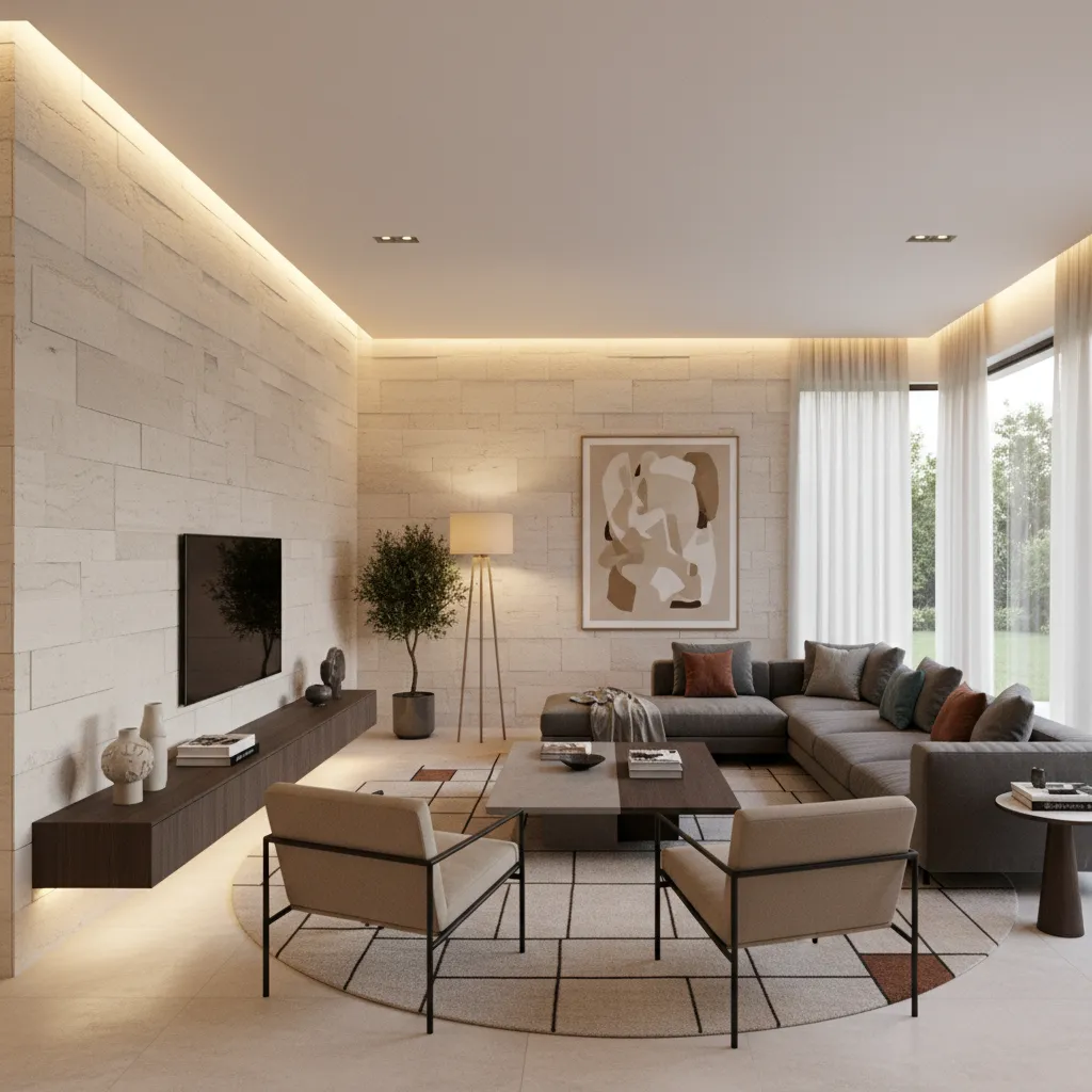 Pared de piedra natural en salón contemporáneo