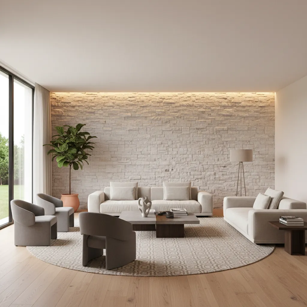 Bright living room with light stone wall white sofa grey chairs round rug wood floor