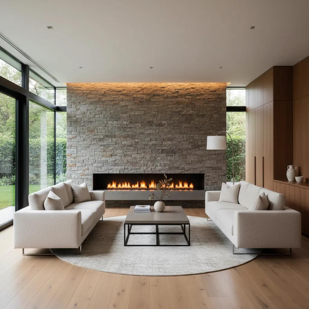 Modern living room featuring a stone wall with fireplace two white sofas and wooden floor
