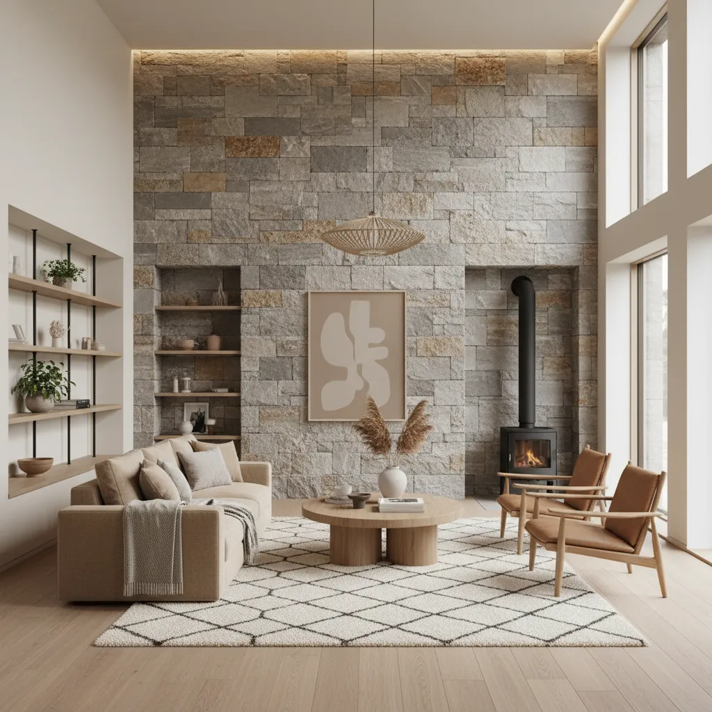 Modern living room with stone wall beige sofa wood coffee table patterned rug and fireplace