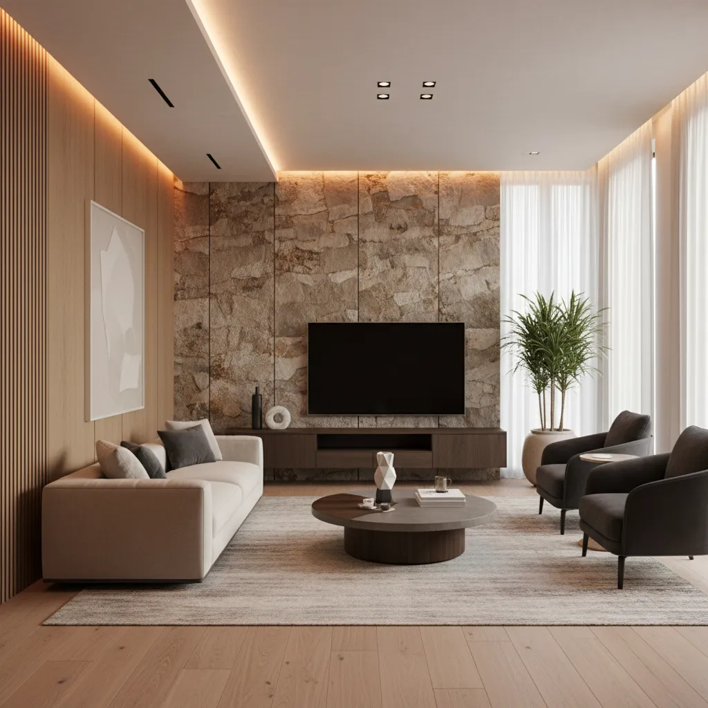 Living room with wood wall panel stone feature wall television white sofa and grey chairs