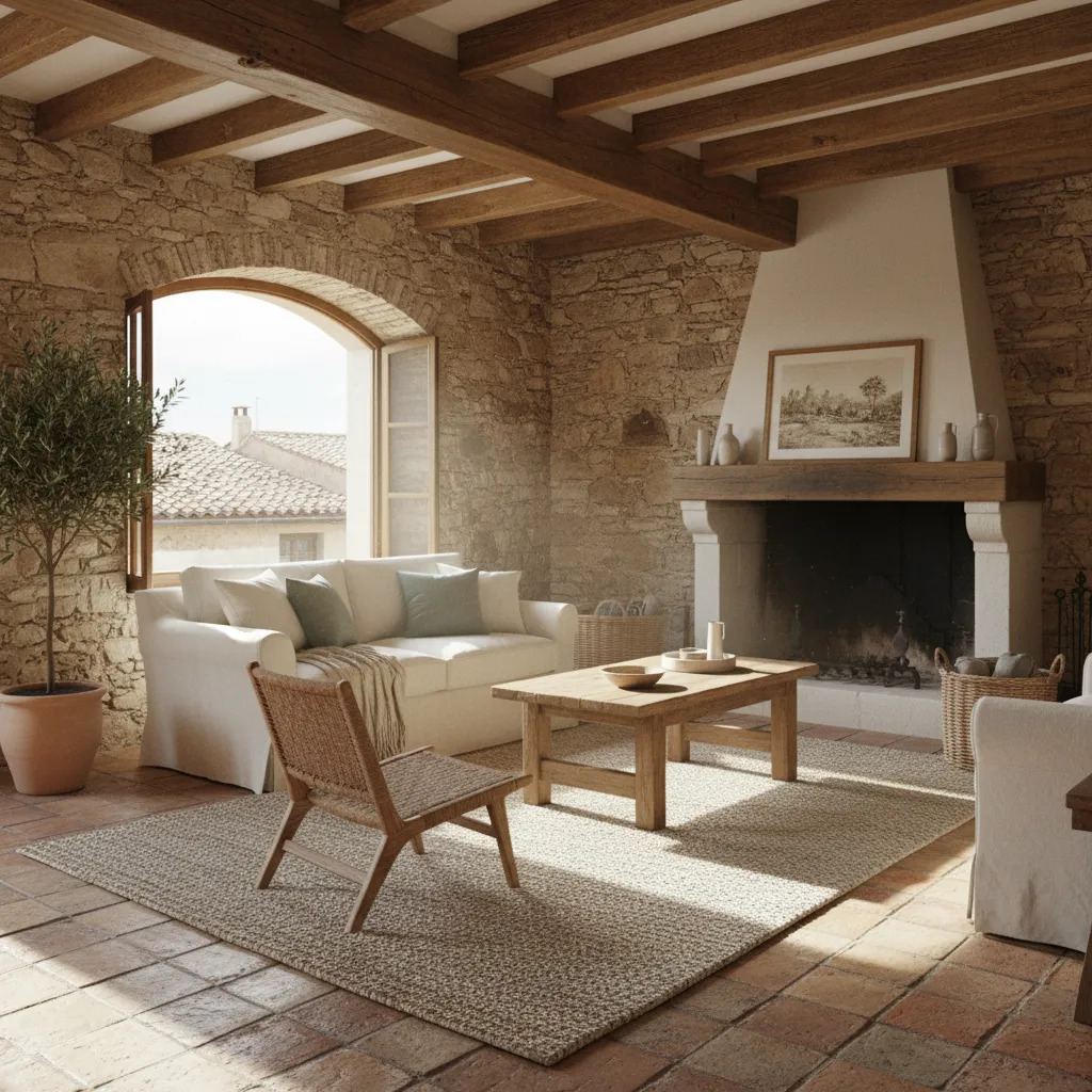 Rustic living room with stone walls wooden beams white sofa wooden coffee table fireplace rug