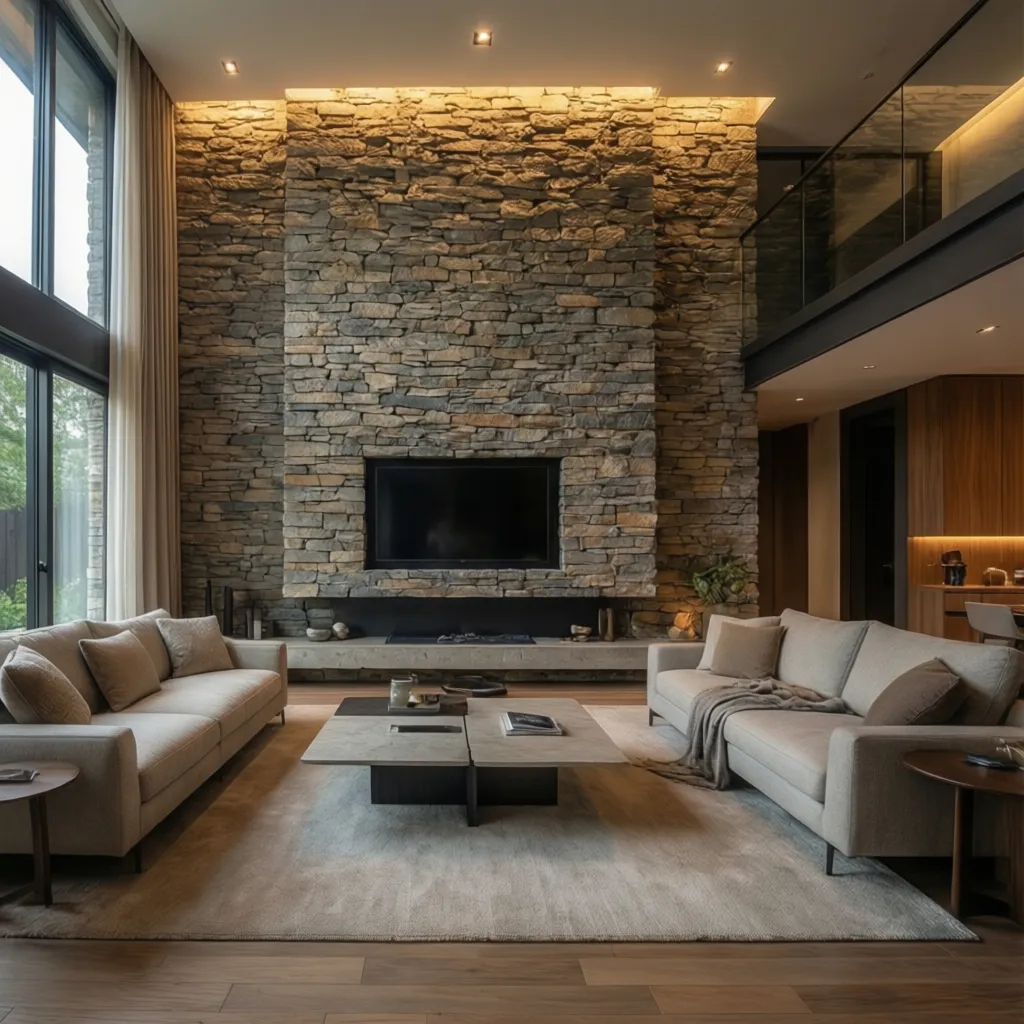 Spacious high ceiling living room featuring large stone wall with television, two sofas and windows
