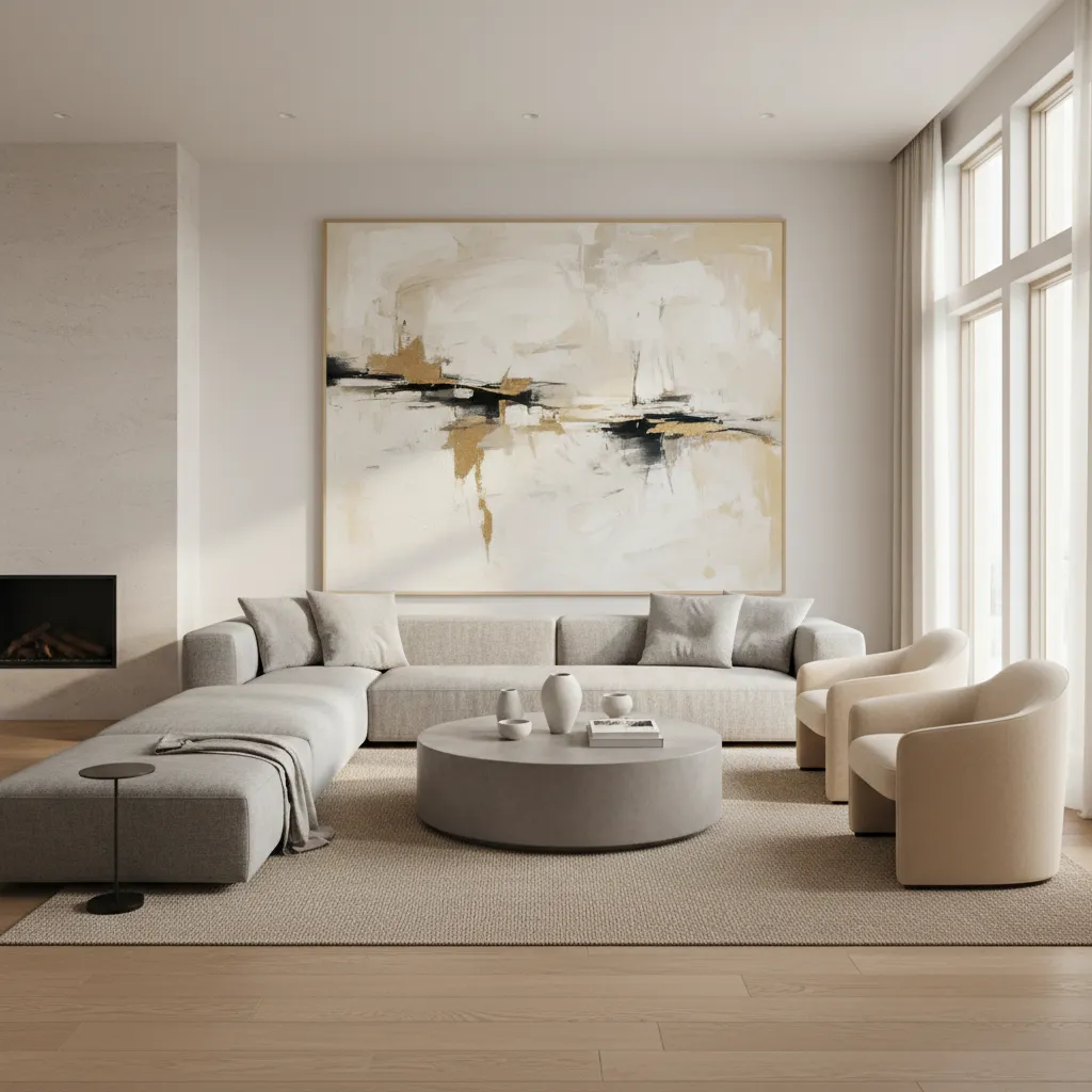 Salón con una pieza de arte grande como punto focal
