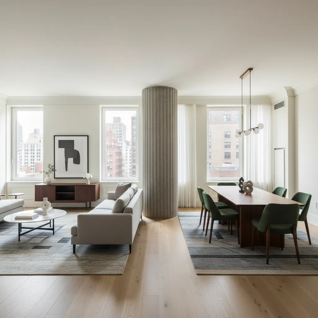 Pilar usado como separador visual entre salón y comedor