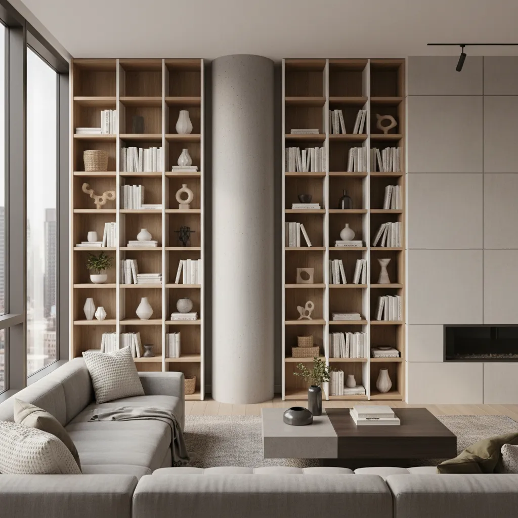 Pilar estructural integrado en una estantería moderna en el salón