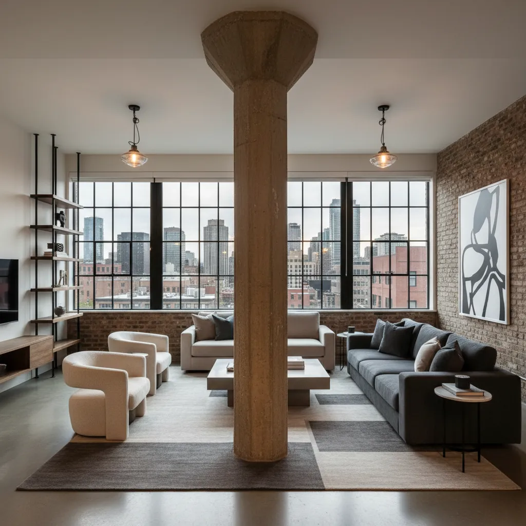 Pilar de hormigón visto en interior de estilo industrial