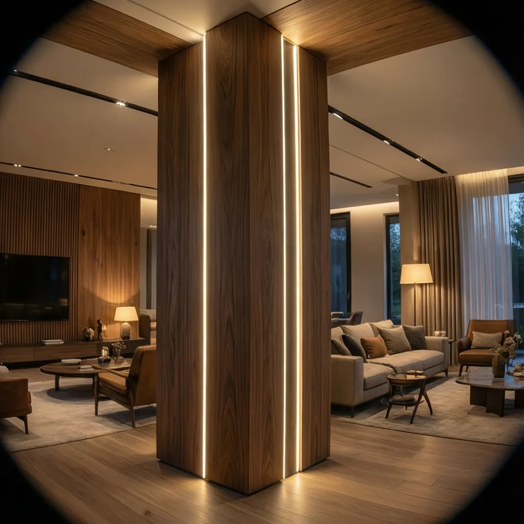 Pilar decorativo revestido en madera con iluminación LED vertical