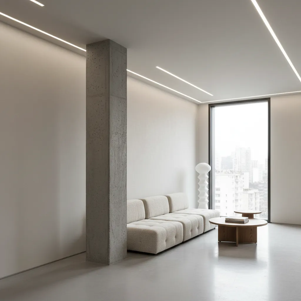 Pilar revestido en microcemento en un interior contemporáneo