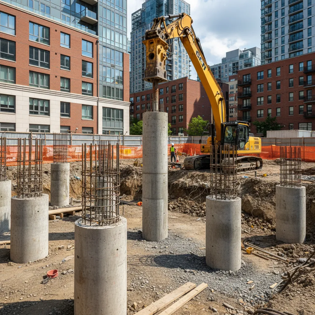 Yellow excavator installing concrete foundation pillars at urban construction site with tall city apartment buildings