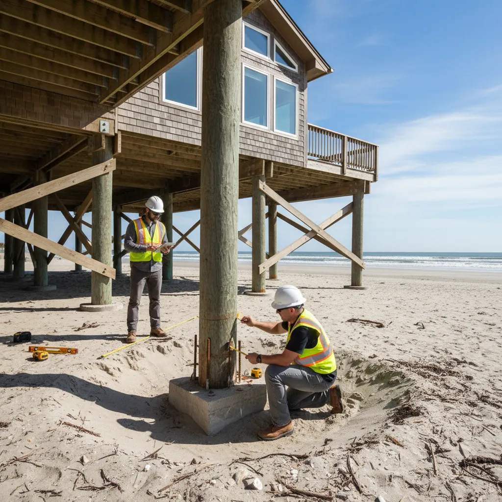 coastal house piling showing soil erosion and structural inspection