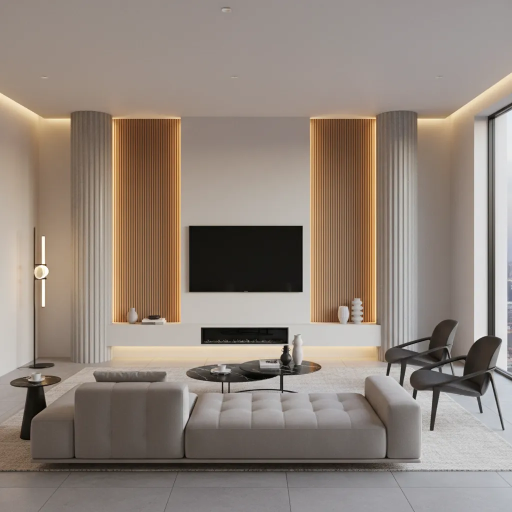 Two structural columns framing a TV feature wall in a modern living room