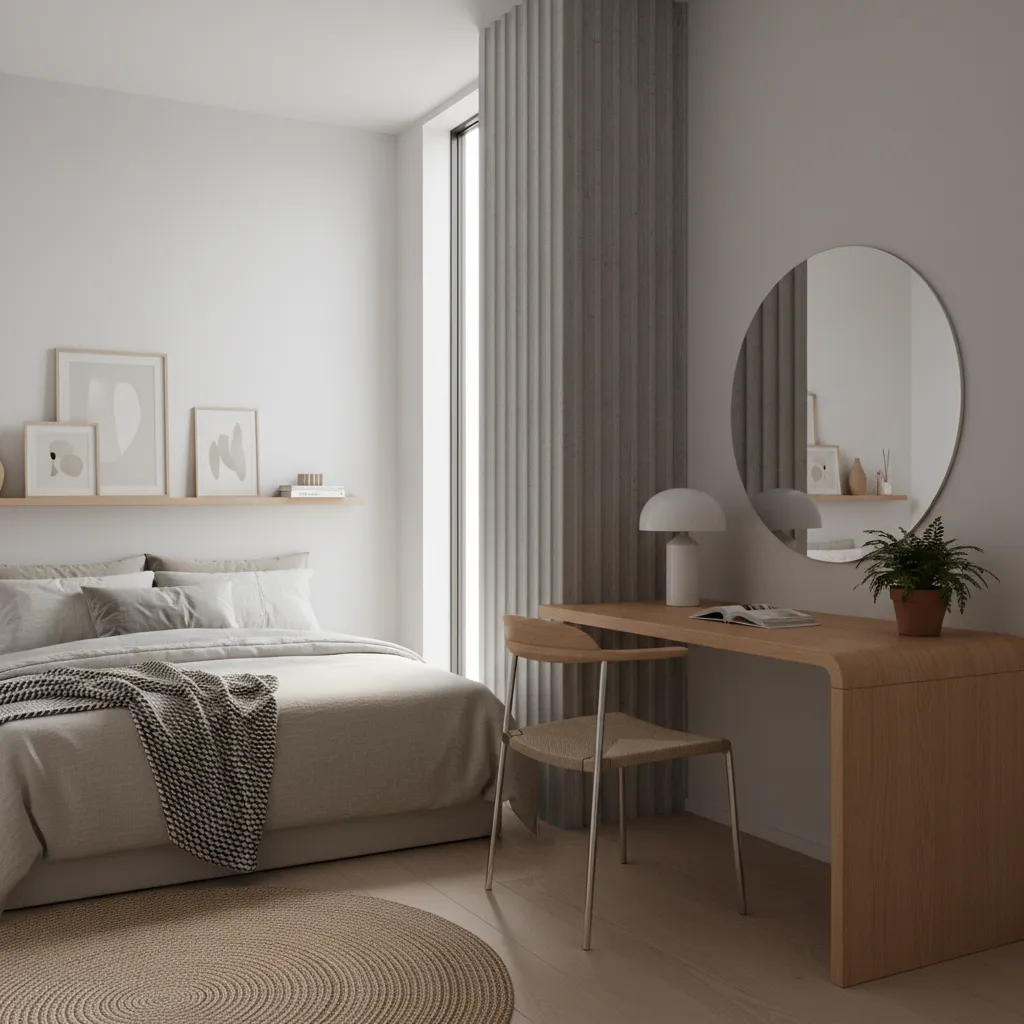 Compact bedroom workspace created around a pillar