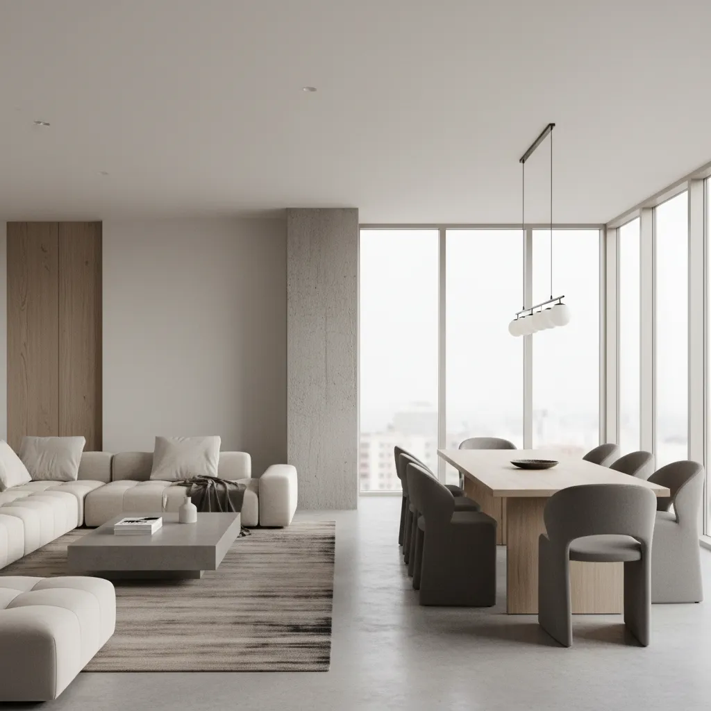 Pillar dividing living and dining areas in open plan home