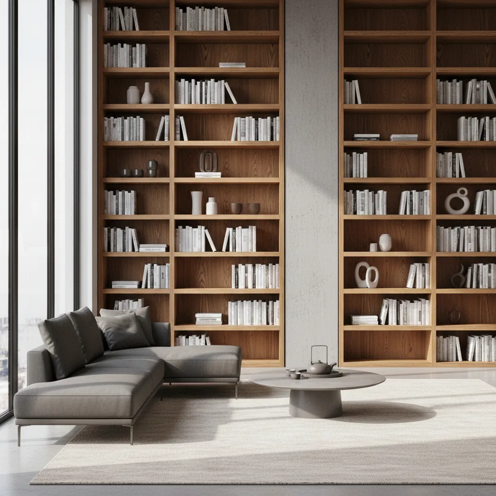 Structural pillar integrated into built in bookshelf design in living room