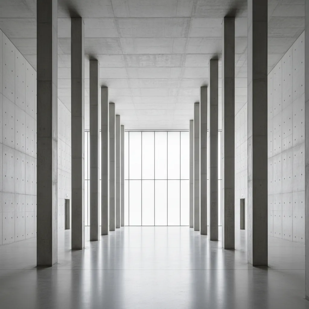 Interior hall showing visual rhythm created by evenly aligned structural columns