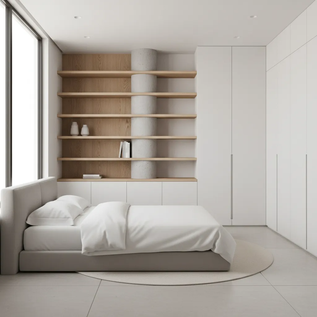 Bedroom pillar converted into built-in storage shelves