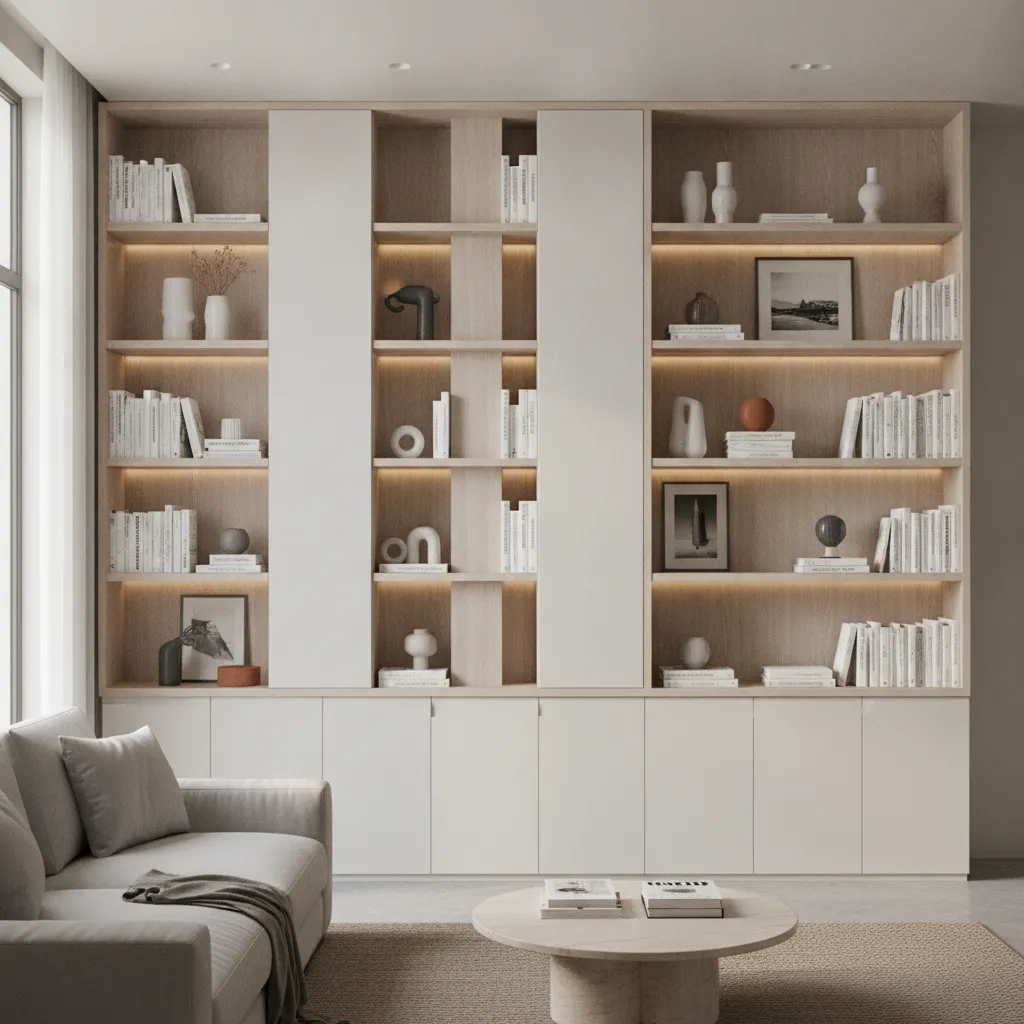 built in shelving around living room pillar for storage