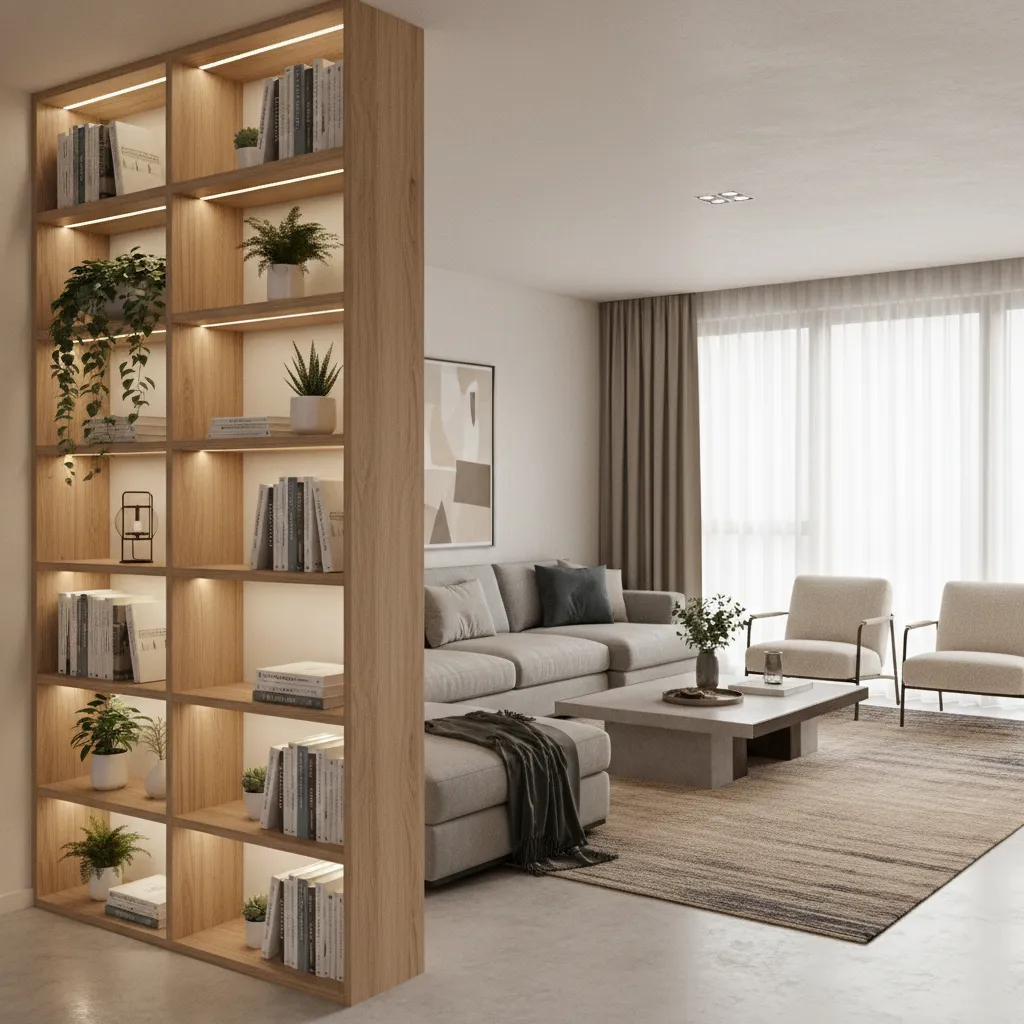 Living room pillar with built in shelving and decor
