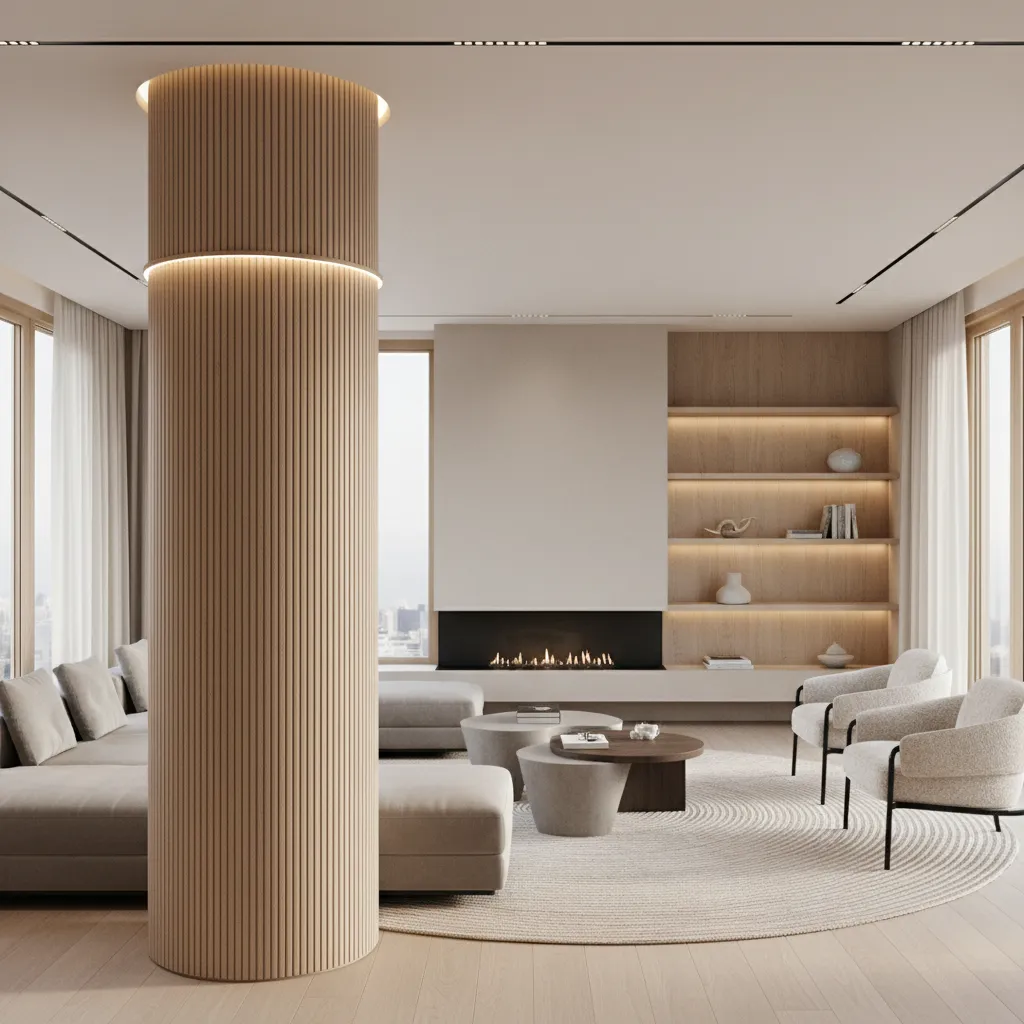structural column wrapped with decorative wall panels in living room