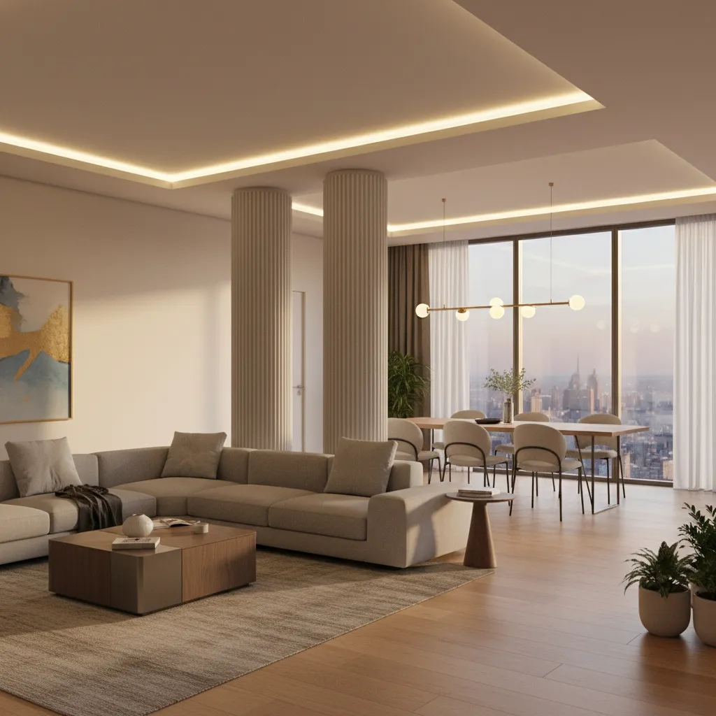 living room and dining area separated naturally by two pillars