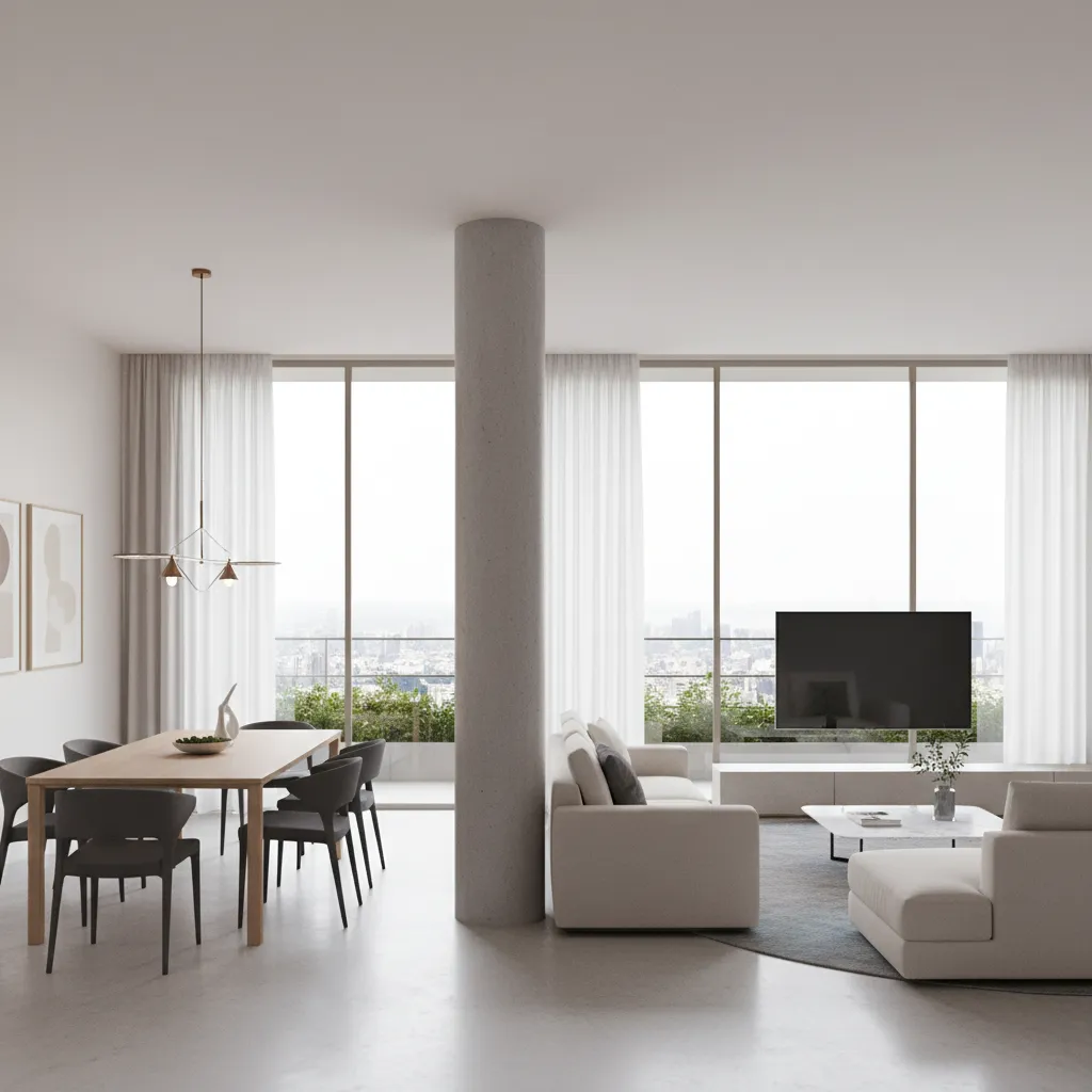 pillar dividing living and dining zones in open plan hall