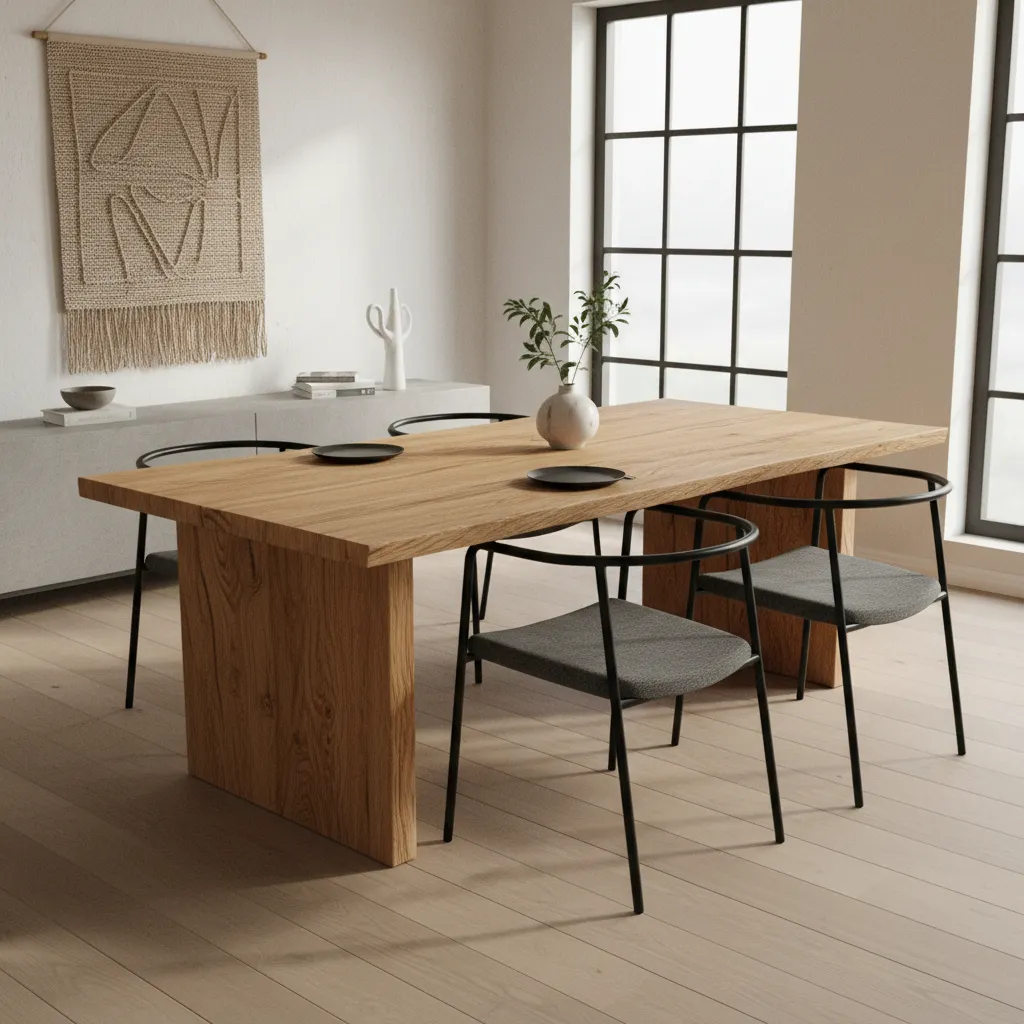 Pine dining table centerpiece in modern rustic dining room interior