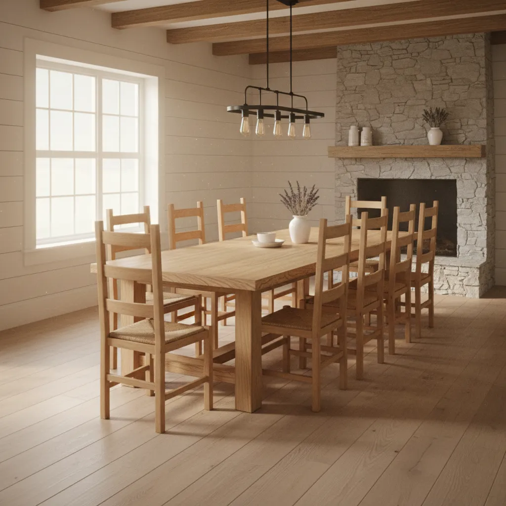 Rustic farmhouse dining room with pine dining table and natural light