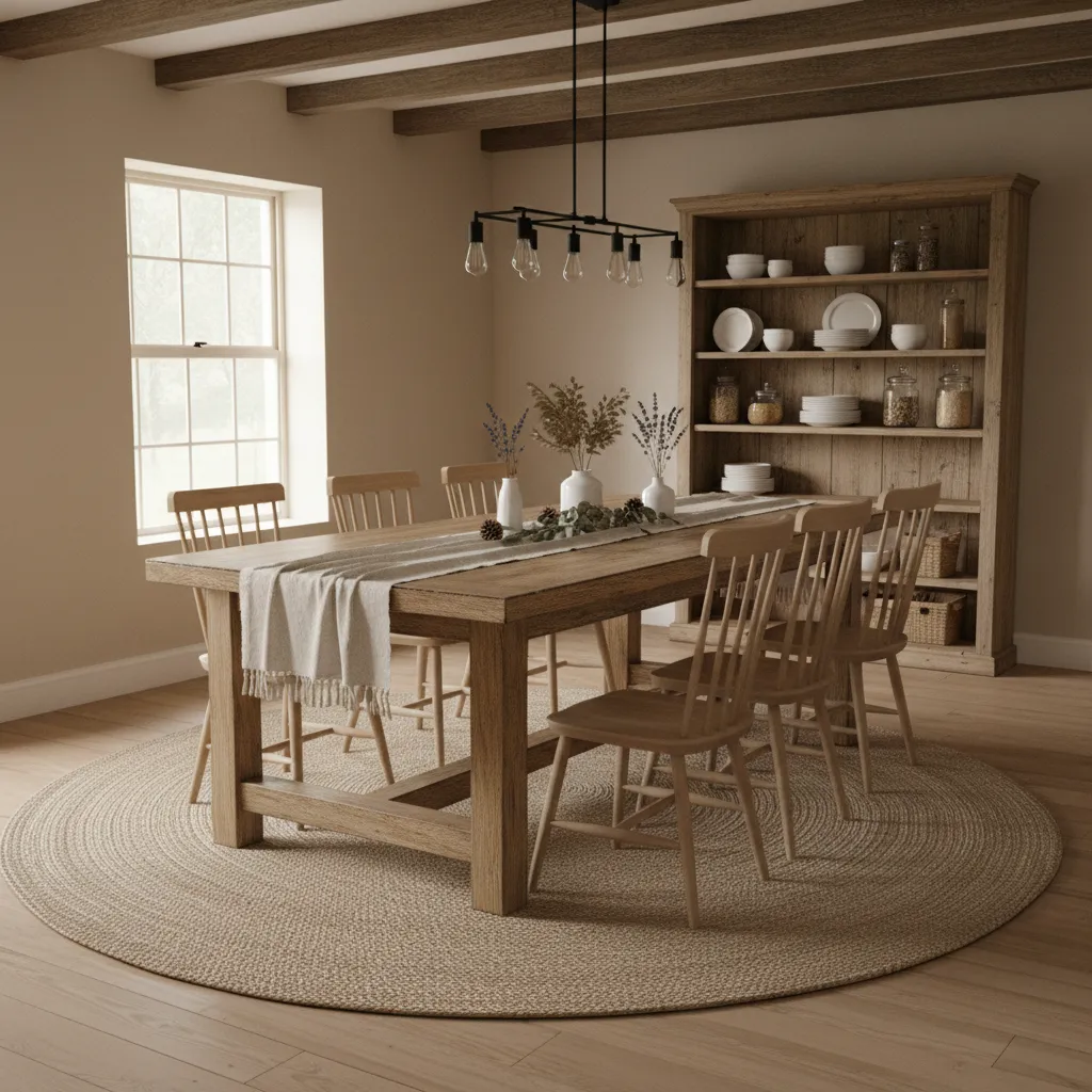Rustic dining room with wooden table chairs round rug large cabinet and simple ceiling light