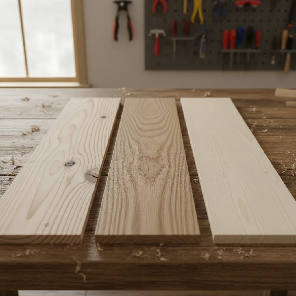 Pine oak and maple wood boards side by side showing grain differences
