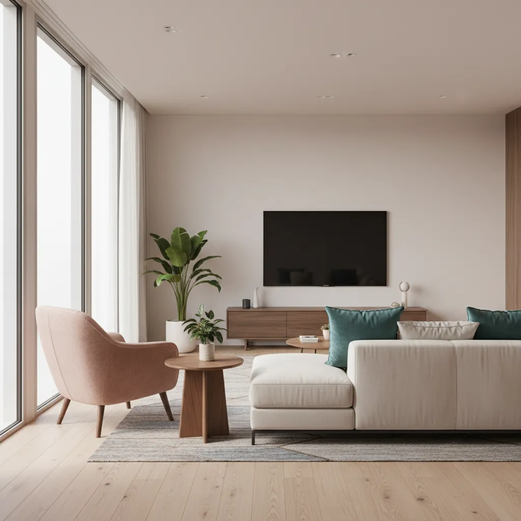 Blush pink accent chair in teal themed living room