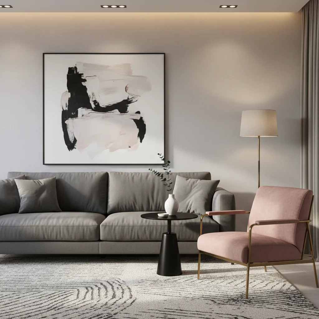 Modern living room with grey sofa, pink chair, abstract wall art, floor lamp, and rug