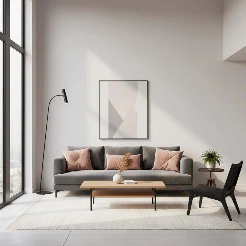 Modern living room featuring grey sofa pink pillows wooden coffee table black floor lamp painting