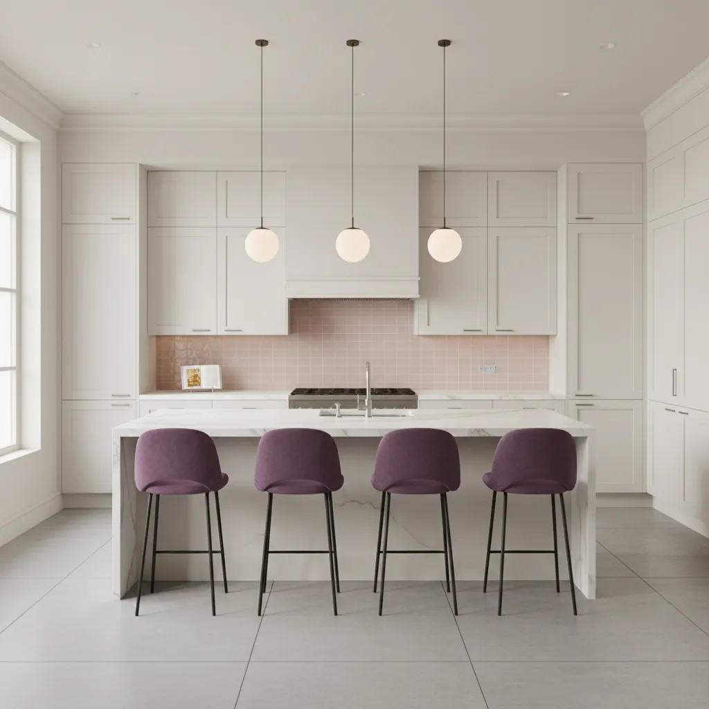 Modern kitchen with blush accents and purple bar stools